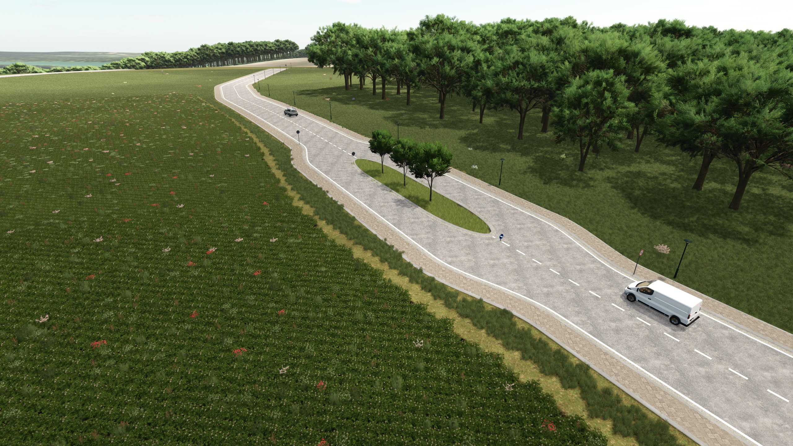 A country road with a central island, lane transitions, sidewalks, signs, and moving traffic.