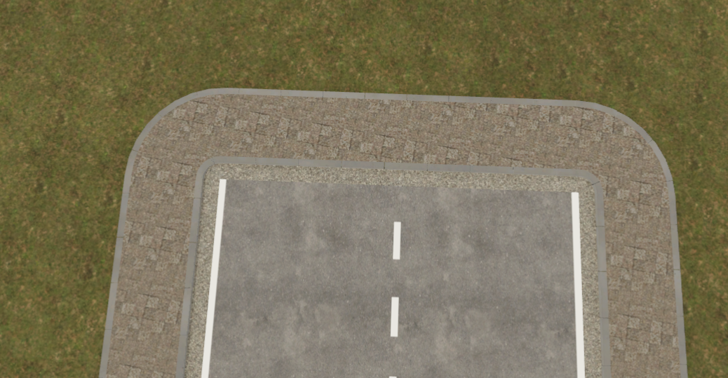 A top-down editor preview of a road ending in a smooth curve, with a gutter, curb, and paved sidewalk around it.